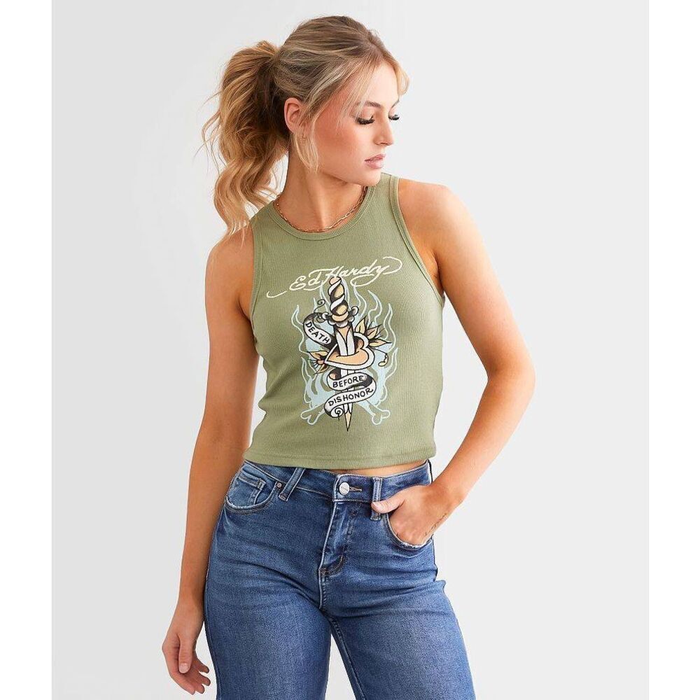 Ed Hardy Olive Green Dagger Death Before Dishonor Ribbed Crop Tank Top XL Punk
